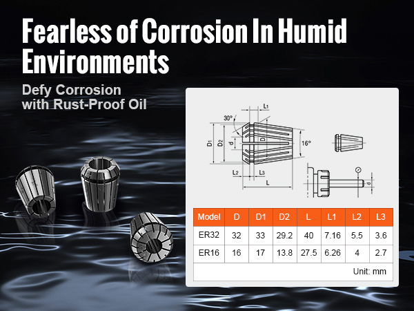 VEVOR cat40 collet holder, corrosion-resistant, dimension chart, and technical specs for er32 and er16 models.