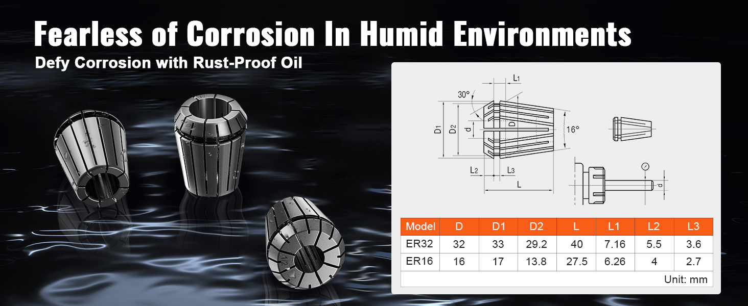 VEVOR cat40 collet holder, corrosion-resistant, dimension chart, and technical specs for er32 and er16 models.