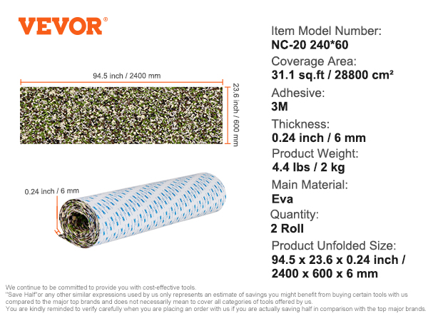 VEVOR boat flooring, 94.5" x 23.6" eva, 0.24" thick, 31.1 sq.ft, 4.4 lbs, adhesive 3m, 2 rolls.