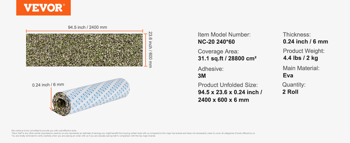 VEVOR boat flooring, 94.5" x 23.6" eva, 0.24" thick, 31.1 sq.ft, 4.4 lbs, adhesive 3m, 2 rolls.