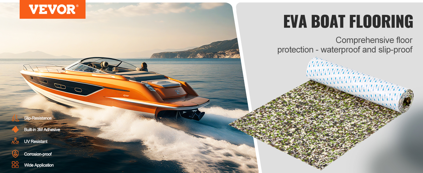 VEVOR boat flooring - slip-resistant, uv-resistant, waterproof, and built-in 3m adhesive for easy installation.