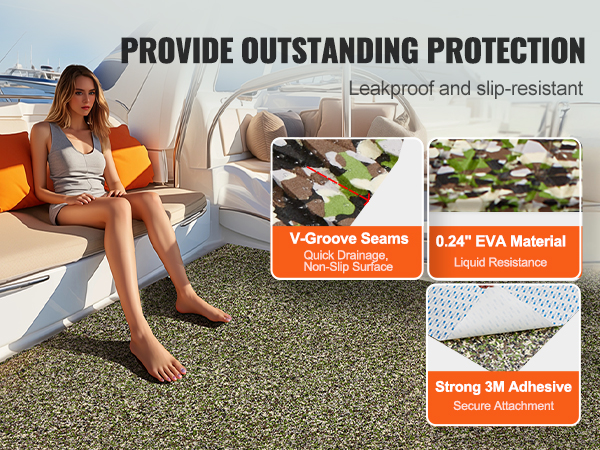 VEVOR boat flooring providing leakproof, slip-resistant protection with v-groove seams, eva material, and 3m adhesive.
