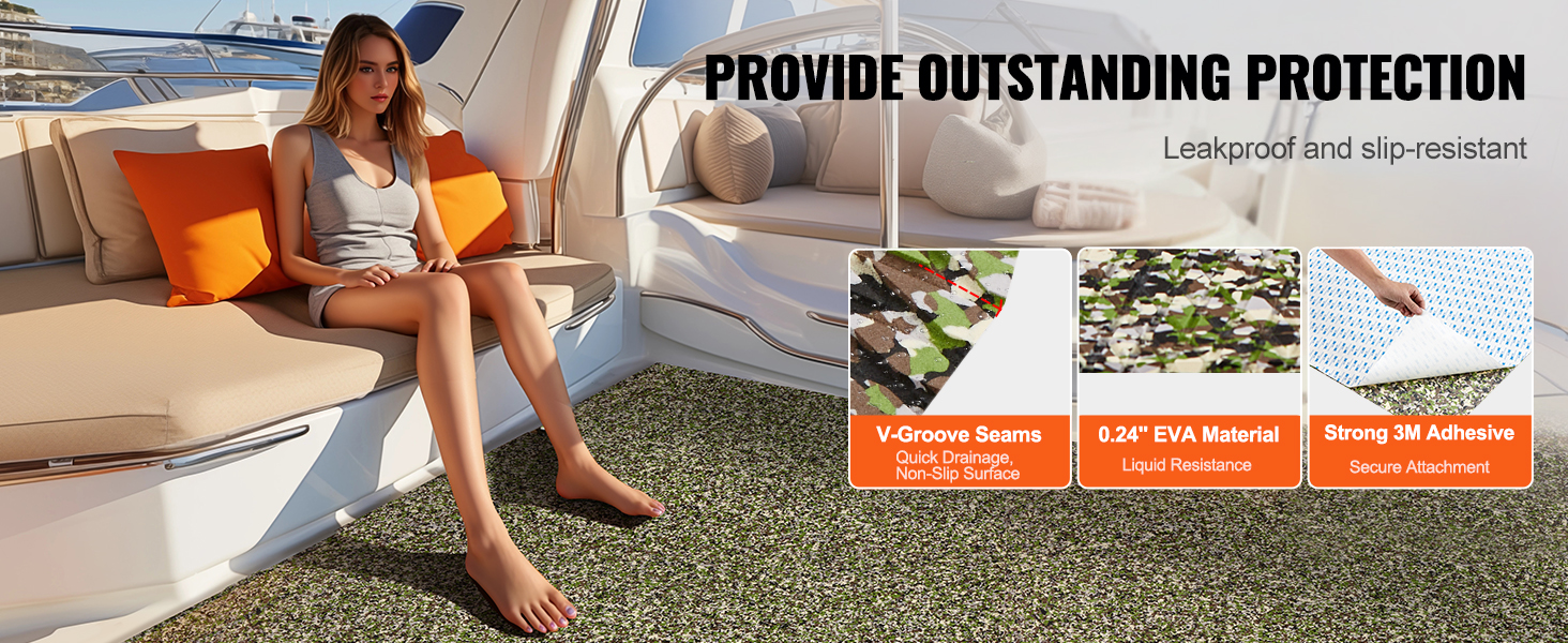 VEVOR boat flooring providing leakproof, slip-resistant protection with v-groove seams, eva material, and 3m adhesive.