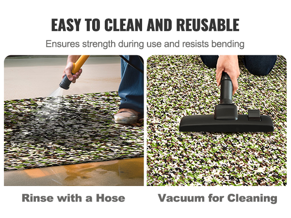 VEVOR boat flooring being rinsed with a hose and vacuumed, showcasing ease of cleaning features.