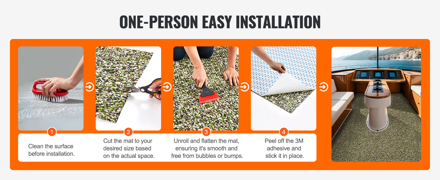 one simple installation process for VEVOR boat flooring with surface preparation and 3m adhesive stick.