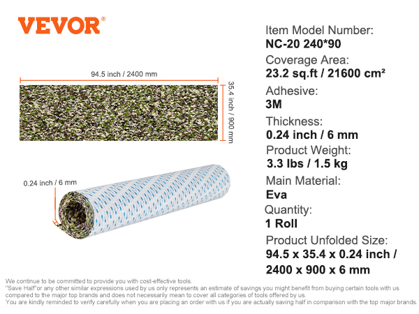 VEVOR boat flooring, nc-20 240*90, 94.5"x35.4", eva material, 0.24" thick, 23.2 sq.ft coverage.