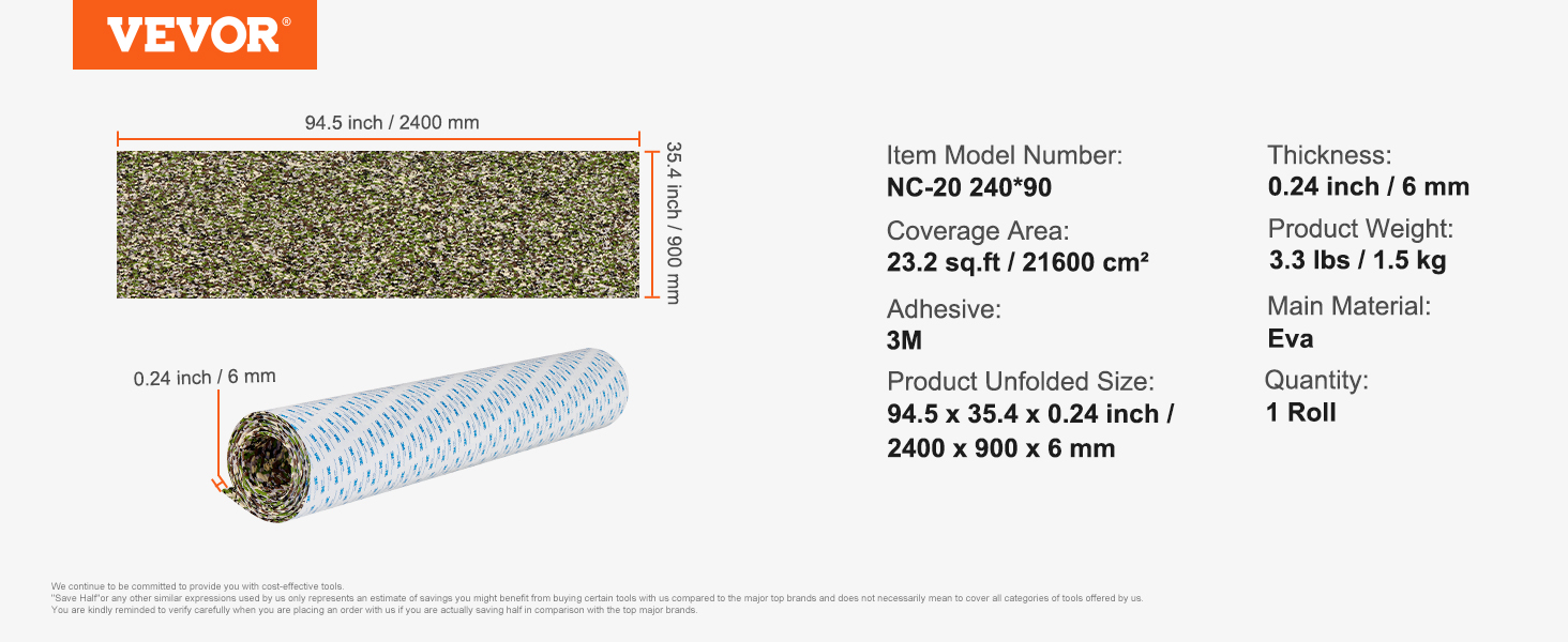 VEVOR boat flooring, nc-20 240*90, 94.5"x35.4", eva material, 0.24" thick, 23.2 sq.ft coverage.