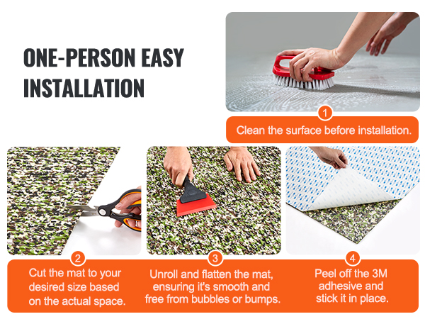 one-person installing VEVOR boat flooring by cleaning surface, cutting mat, unrolling, and peeling adhesive.