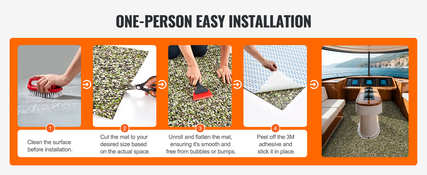 one-person installing VEVOR boat flooring by cleaning surface, cutting mat, unrolling, and peeling adhesive.