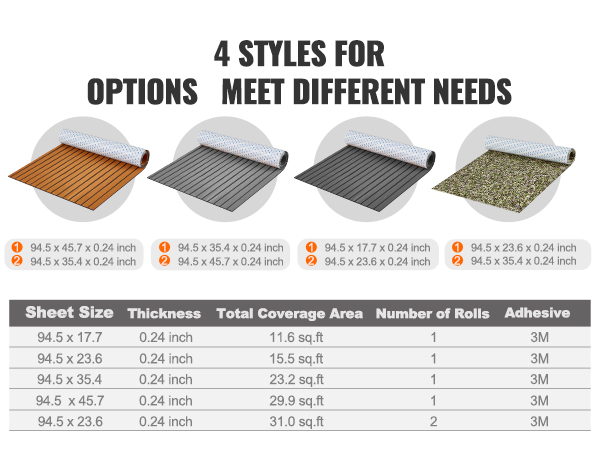 VEVOR boat flooring in four styles and various sizes with adhesive options and coverage details.