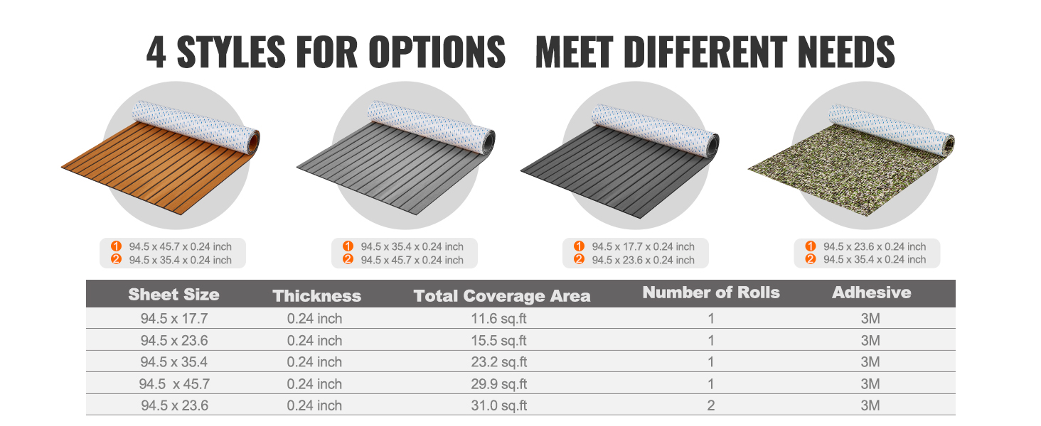 VEVOR boat flooring in four styles and various sizes with adhesive options and coverage details.