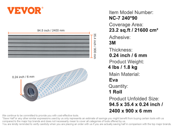VEVOR boat flooring, nc-7 240*90, 2400x900x6 mm, 94.5x35.4x0.24 inch, eva material, 3m adhesive.