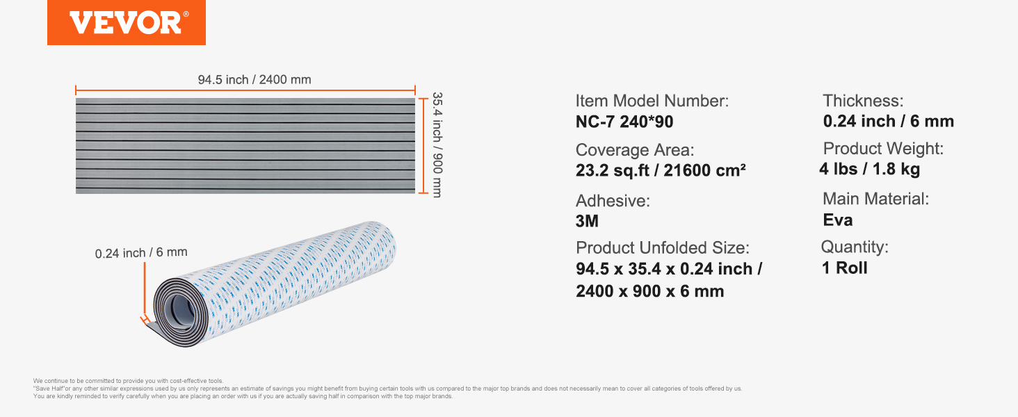 VEVOR boat flooring, nc-7 240*90, 2400x900x6 mm, 94.5x35.4x0.24 inch, eva material, 3m adhesive.