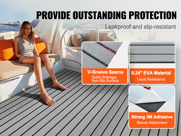 VEVOR boat flooring offers v-groove seams, 0.24" eva material, and strong 3m adhesive for slip-resistance.
