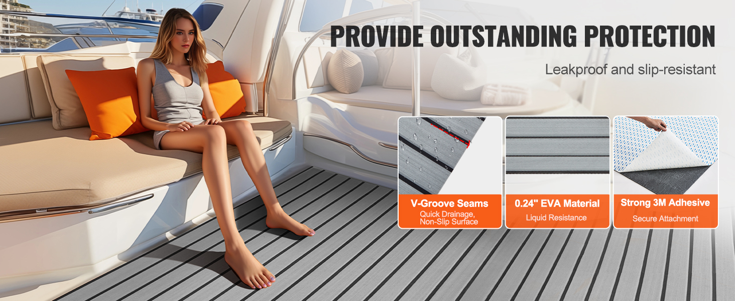 VEVOR boat flooring offers v-groove seams, 0.24" eva material, and strong 3m adhesive for slip-resistance.