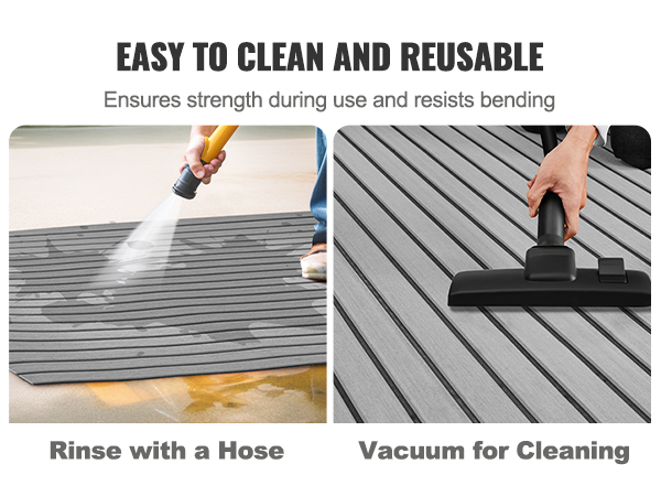 VEVOR boat flooring shown being cleaned with hose and vacuum, easy to clean and reusable.
