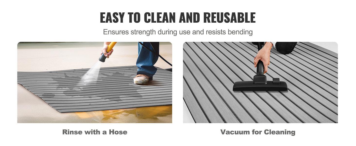 VEVOR boat flooring shown being cleaned with hose and vacuum, easy to clean and reusable.