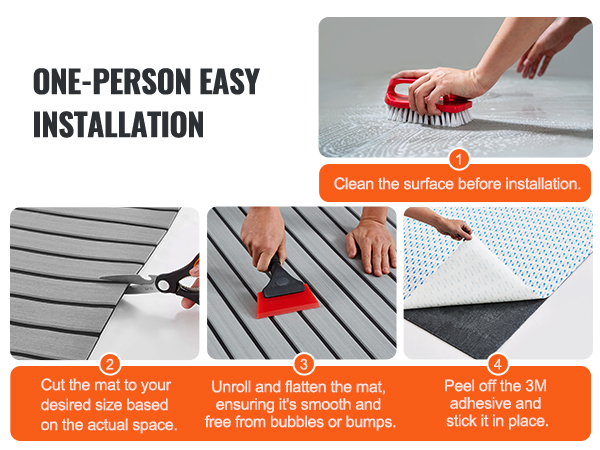 one-person installation of VEVOR boat flooring: clean, cut, unroll, and stick in a boat with scenic view.
