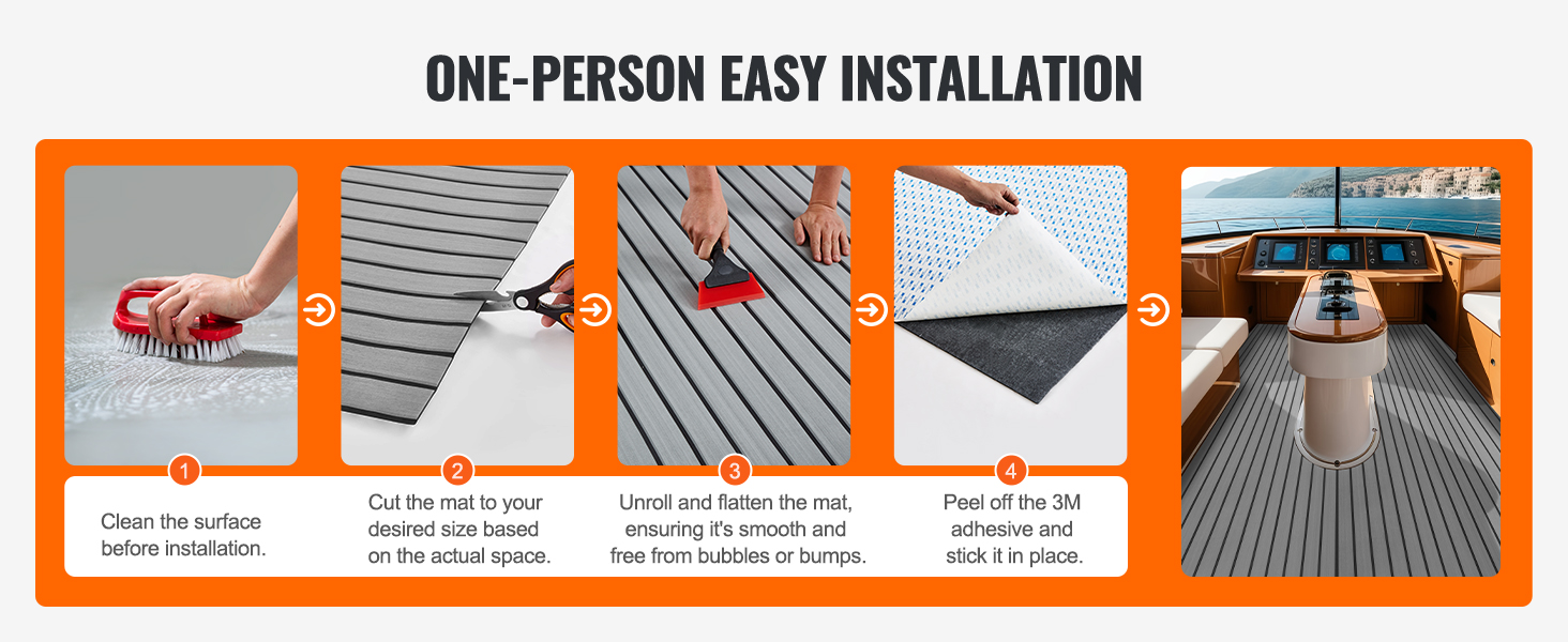one-person installation of VEVOR boat flooring: clean, cut, unroll, and stick in a boat with scenic view.