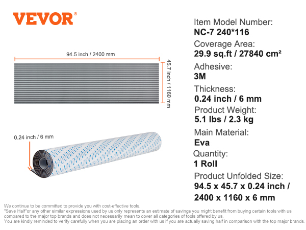 VEVOR boat flooring, 94.5 x 45.7 inches, 0.24 inch thick eva, 3m adhesive, 1 roll, 29.9 sq. ft. coverage.