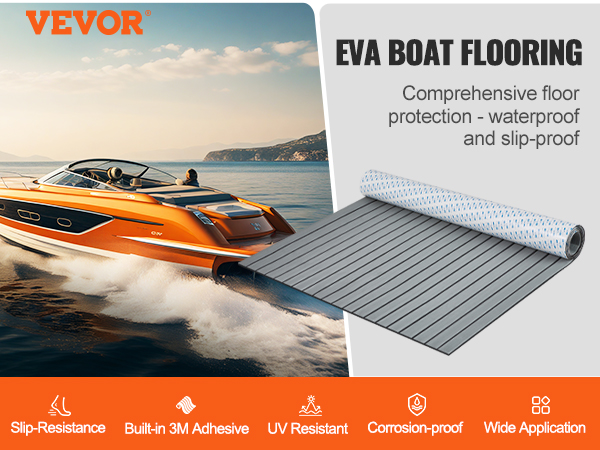 VEVOR boat flooring - uv resistant, slip-resistant, waterproof roll next to a sleek orange boat speeding on water.