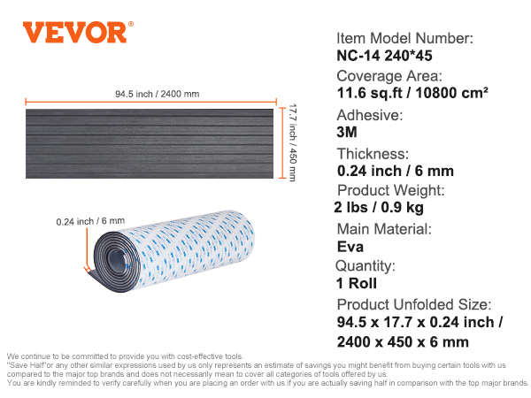 VEVOR boat flooring, nc-14 240*45, 6mm thickness, eva material, 11.6 sq.ft coverage, 3m adhesive.