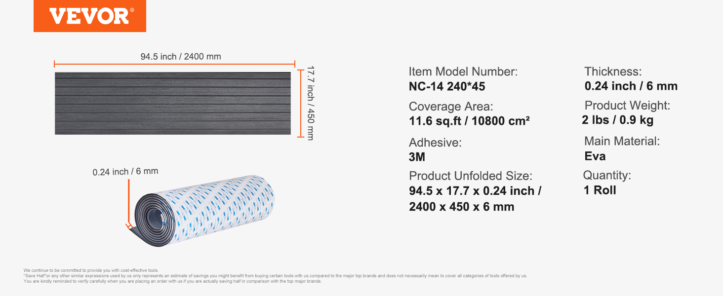VEVOR boat flooring, nc-14 240*45, 6mm thickness, eva material, 11.6 sq.ft coverage, 3m adhesive.