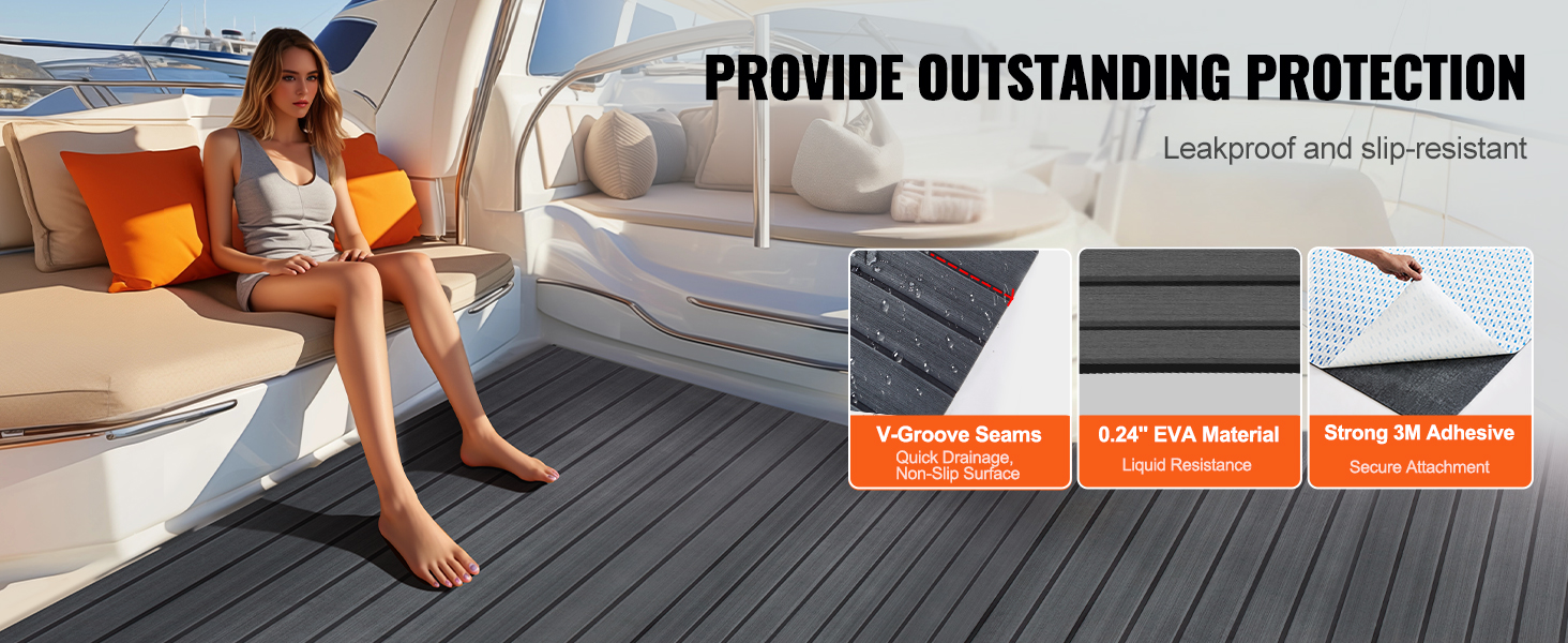 provide outstanding protection with VEVOR boat flooring featuring v-groove seams, eva material, and 3m adhesive.