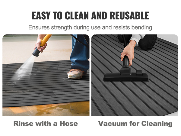 VEVOR boat flooring being rinsed with a hose and vacuumed, showcasing ease of cleaning and reuse.
