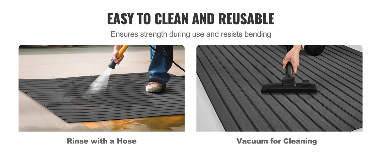 VEVOR boat flooring being rinsed with a hose and vacuumed, showcasing ease of cleaning and reuse.