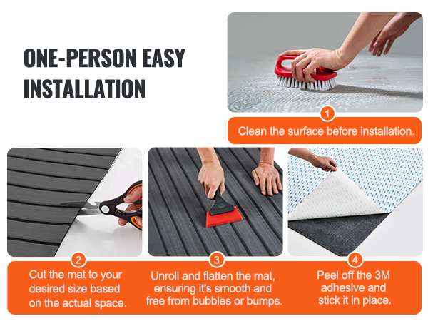 one-person installation of VEVOR boat flooring: clean, cut, unroll, and stick for a smooth finish.
