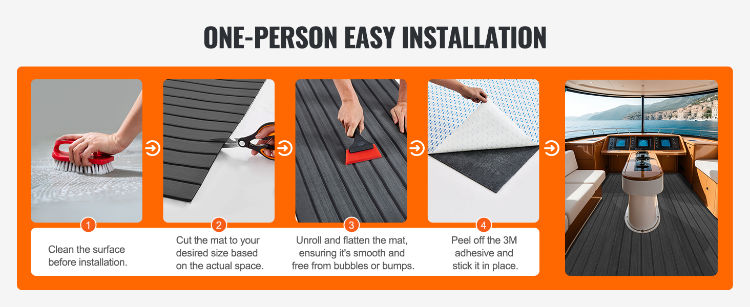 one-person installation of VEVOR boat flooring: clean, cut, unroll, and stick for a smooth finish.