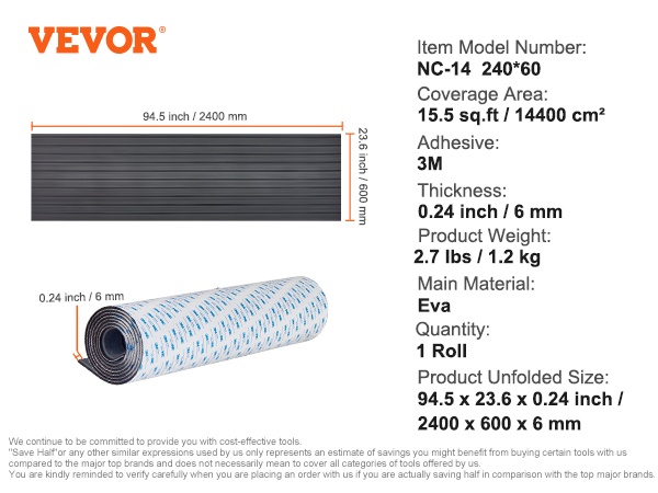 VEVOR laivu grīdas specifikācijas: eva, 94,5 x 23,6 x 0,24 collas, 15,5 kv.ft, līmi 3m, 1 rullis.