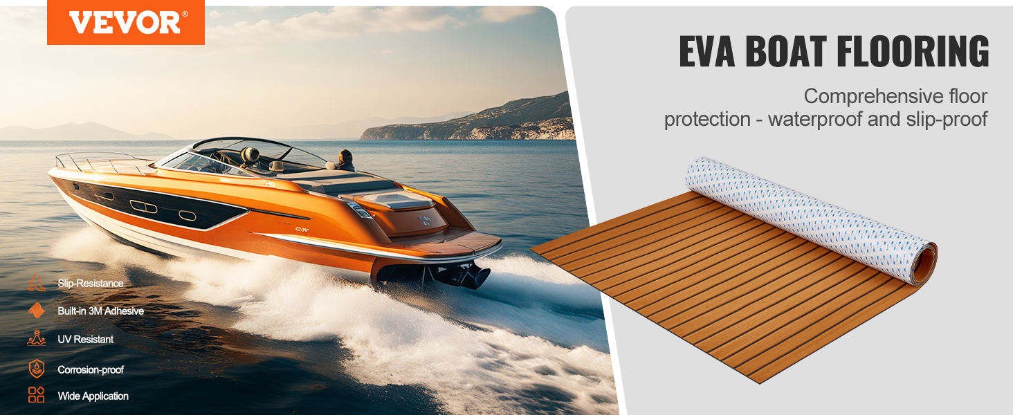 VEVOR boat flooring with eva material, waterproof, slip-resistant boat on the water.