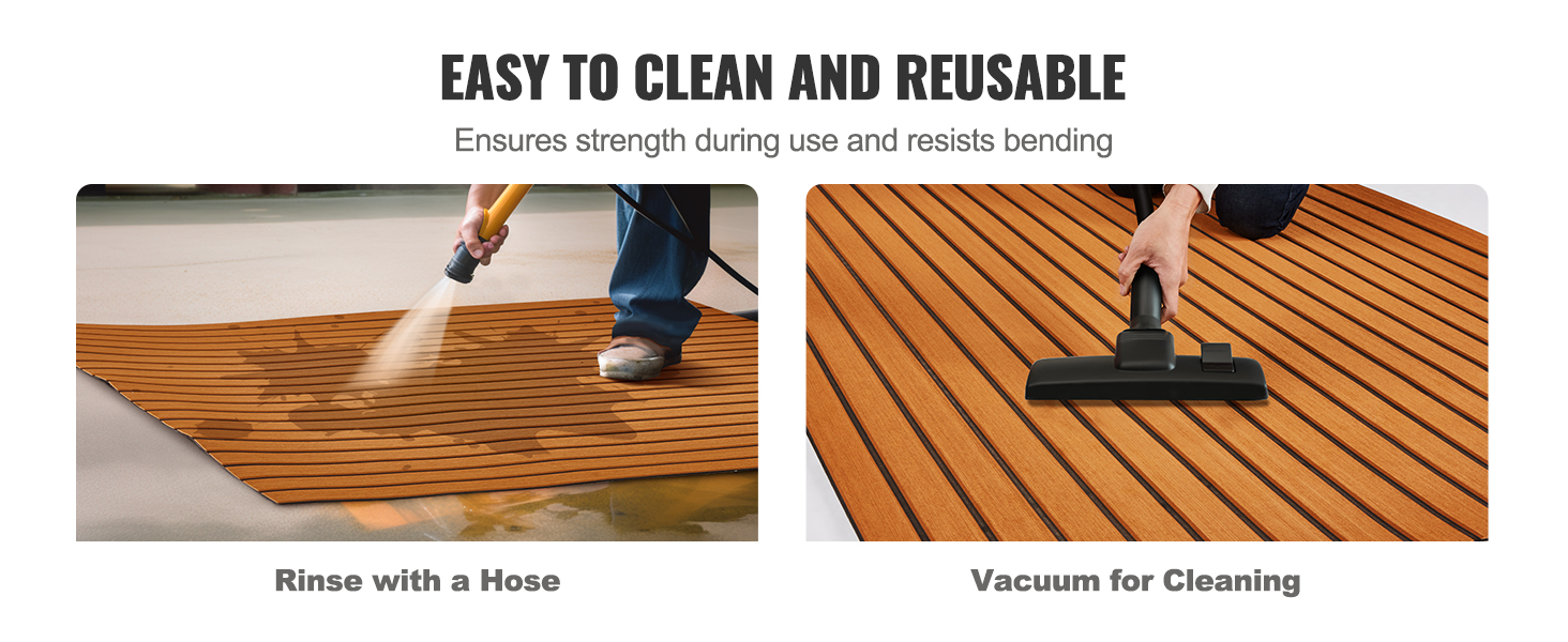 easy-to-clean VEVOR boat flooring being rinsed with a hose and vacuumed for maintenance.