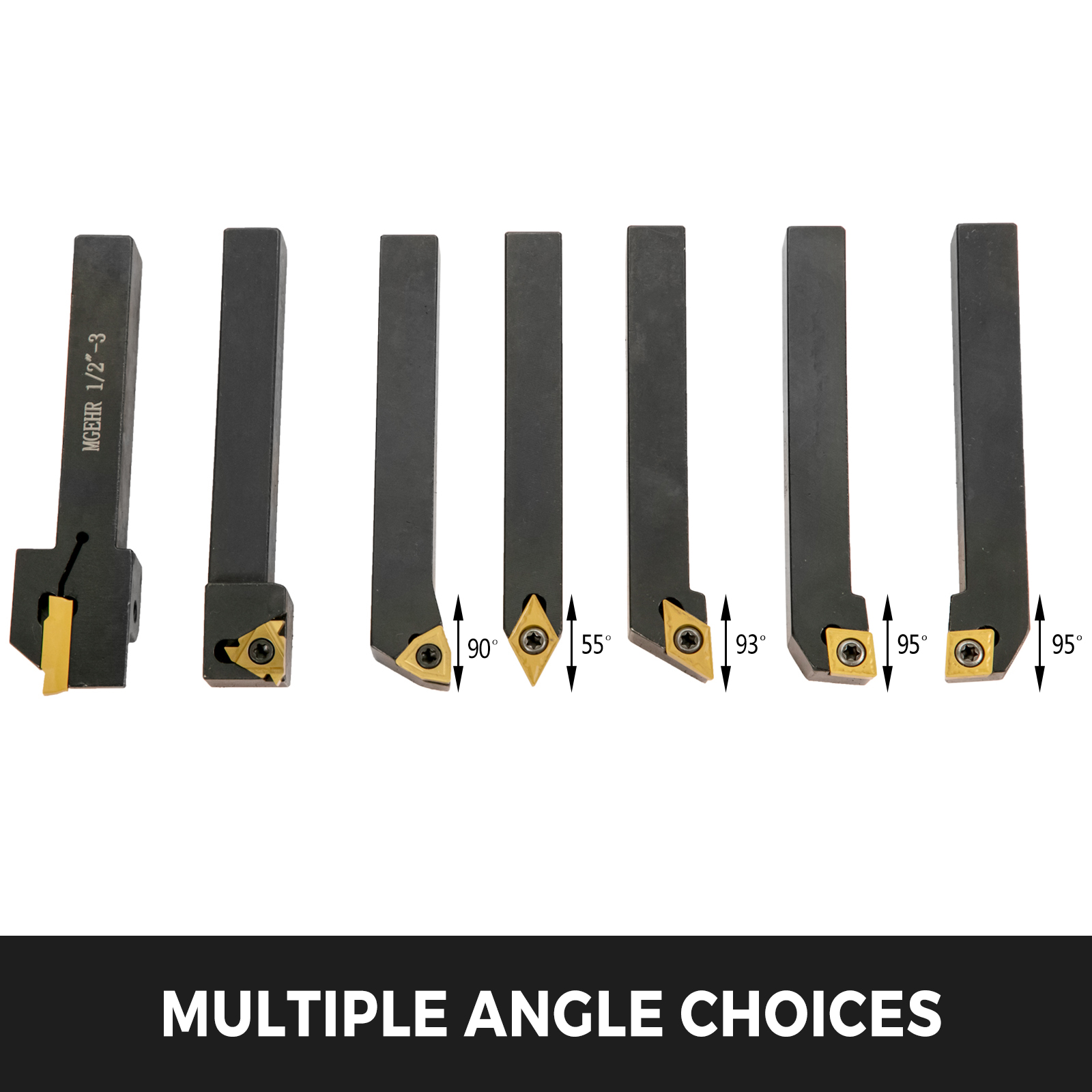 VEVOR indexable carbide lathe tools with multiple angle choices: 55°, 90°, 93°, 95°.