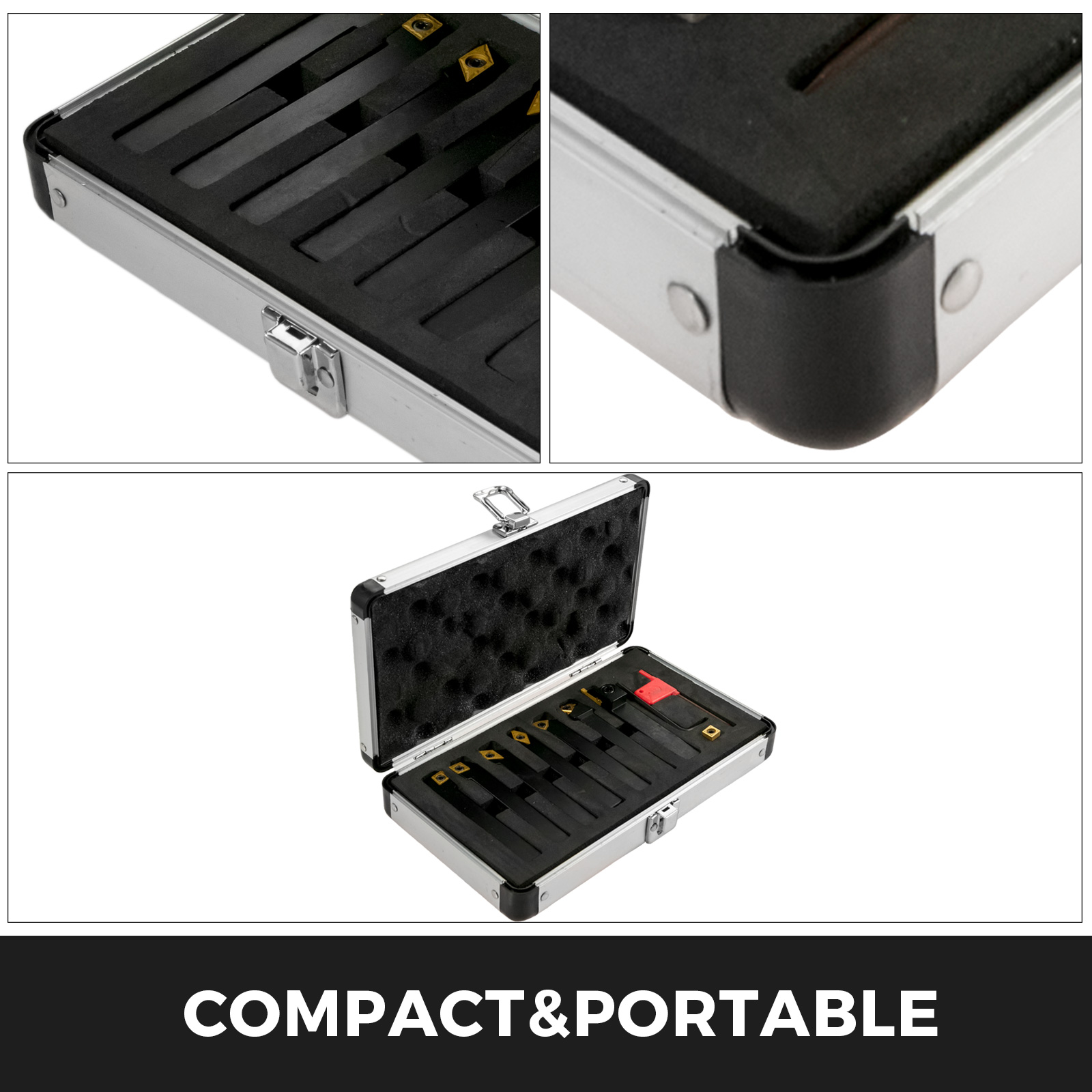 VEVOR indexable carbide lathe tools in a compact, portable carrying case.