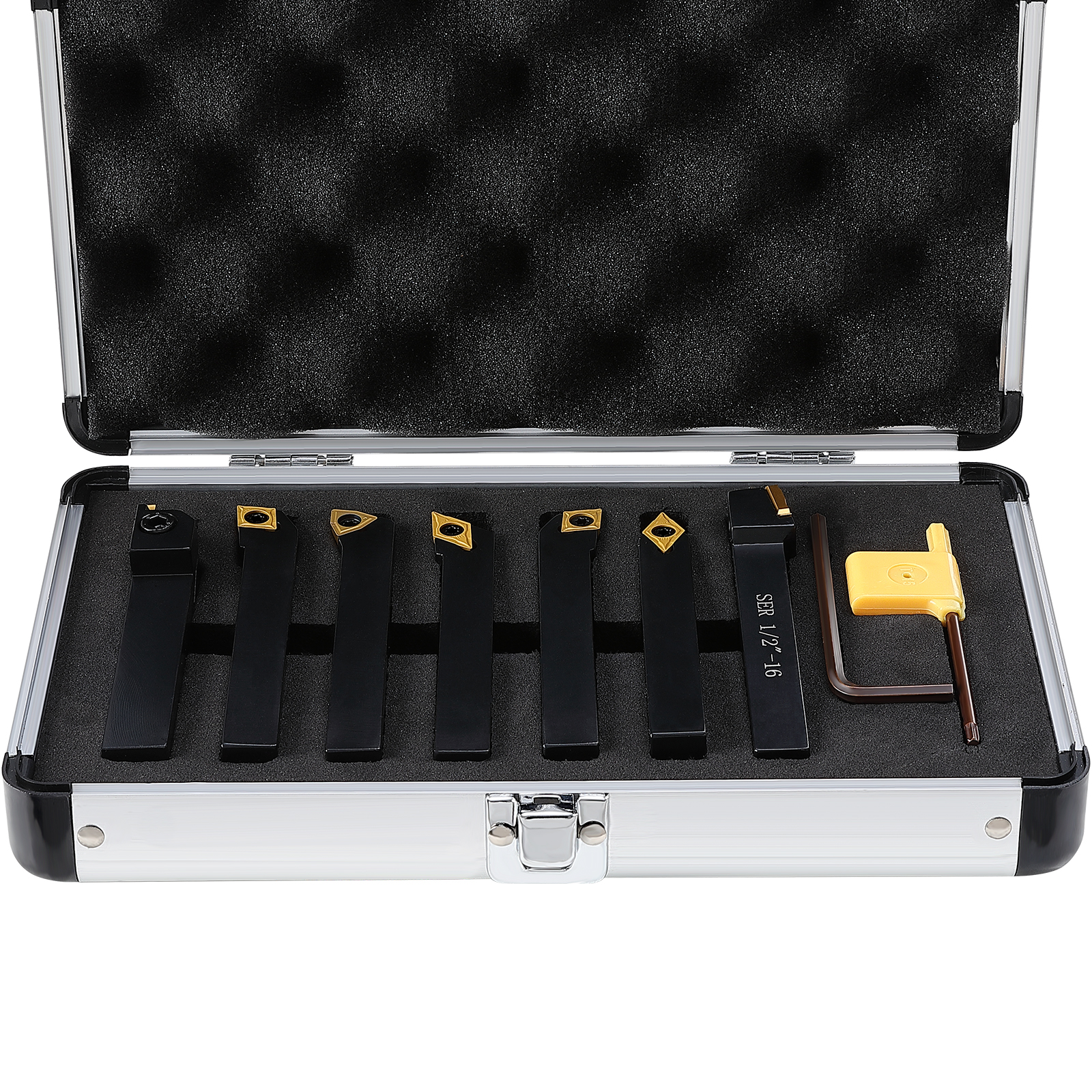 VEVOR indexable carbide lathe tools set in foam-lined metal case with hex key.