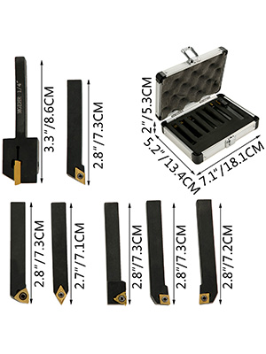 VEVOR indexable carbide tools set with dimensions and storage case.