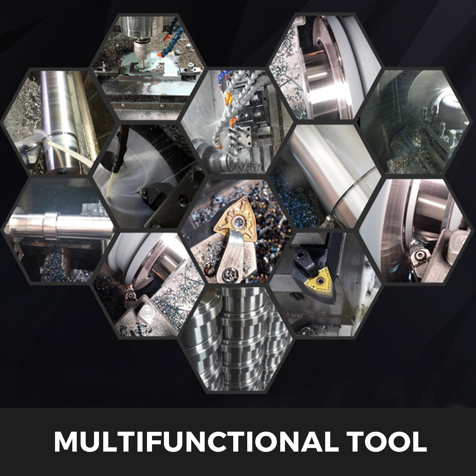 collage of various VEVOR indexable carbide tools in use with text "multifunctional tool".