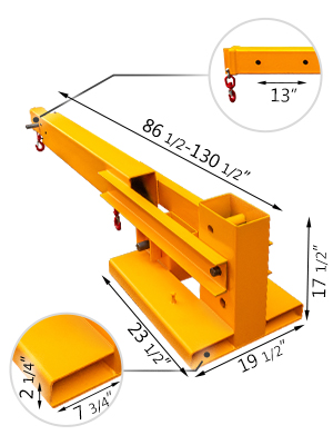 yellow VEVOR forklift crane attachment with dimensions and red hooks.