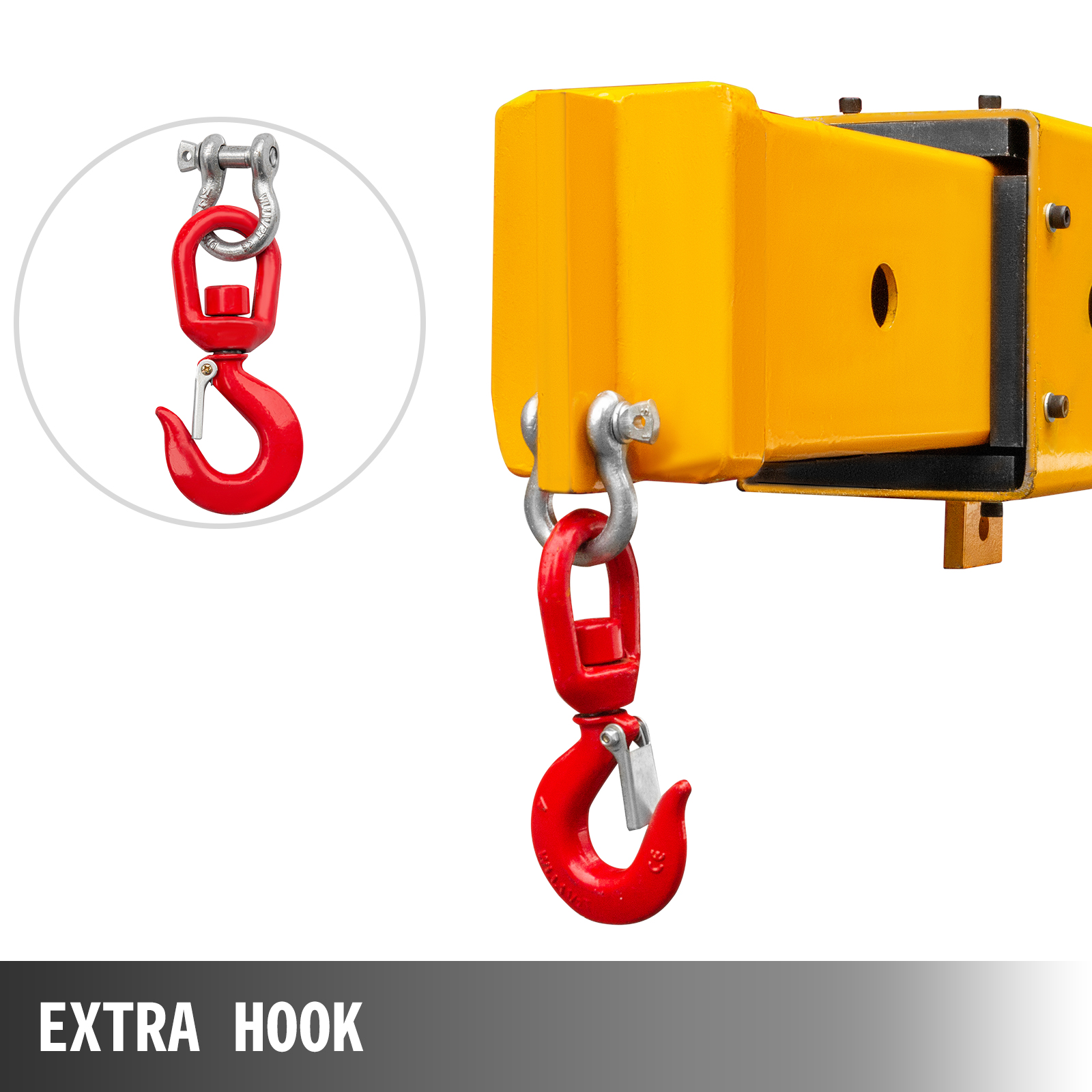 yellow VEVOR forklift crane attachment with a red extra hook hanging.