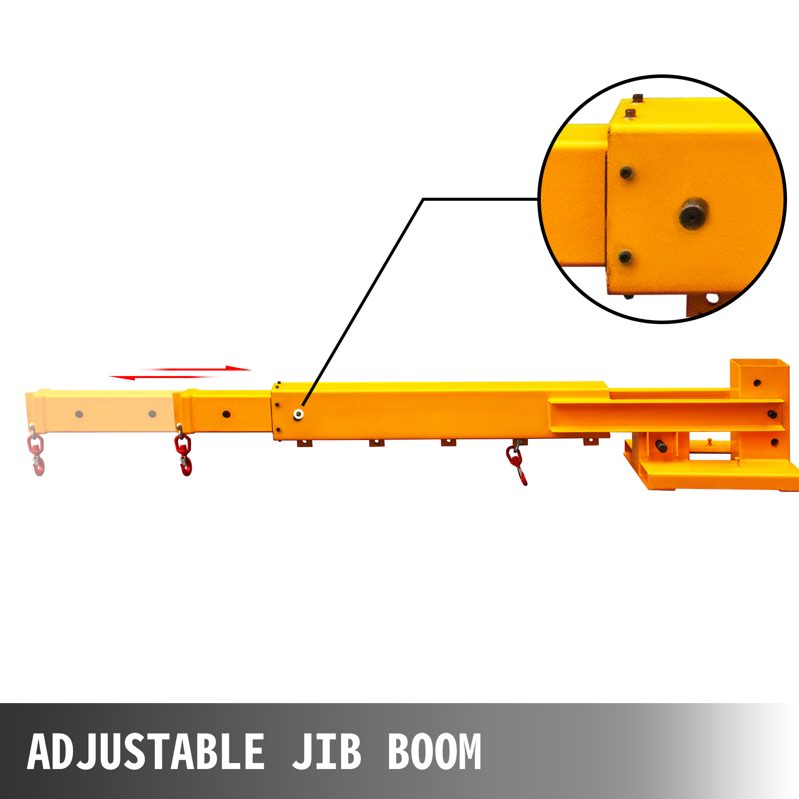 yellow adjustable jib boom with red hooks for VEVOR forklift crane attachment.