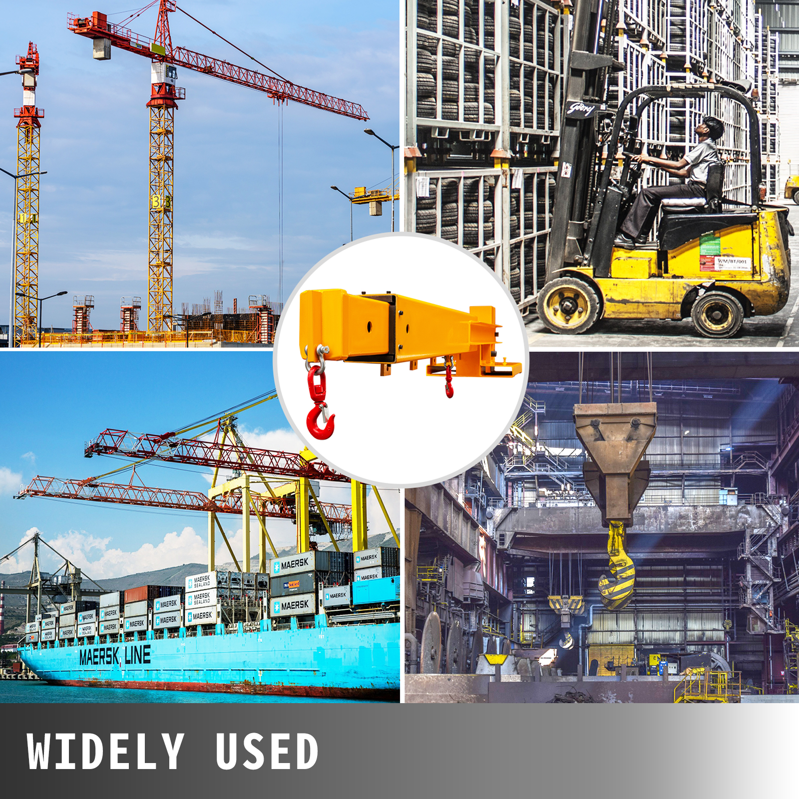 VEVOR forklift crane attachment in construction, warehouse, shipping, and industrial use.