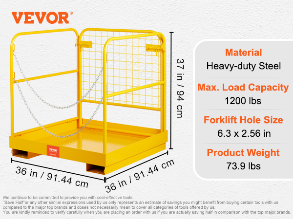 yellow VEVOR forklift safety cage made of heavy-duty steel with a 1200 lbs max load capacity.