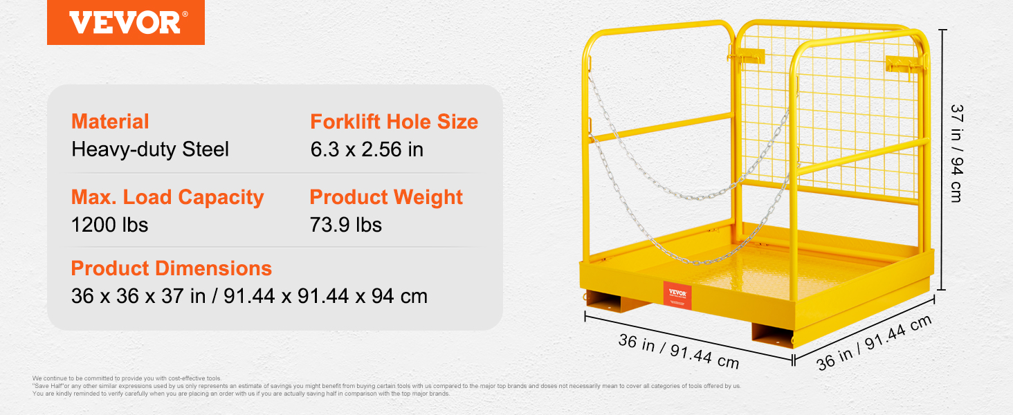 yellow VEVOR forklift safety cage made of heavy-duty steel with a 1200 lbs max load capacity.