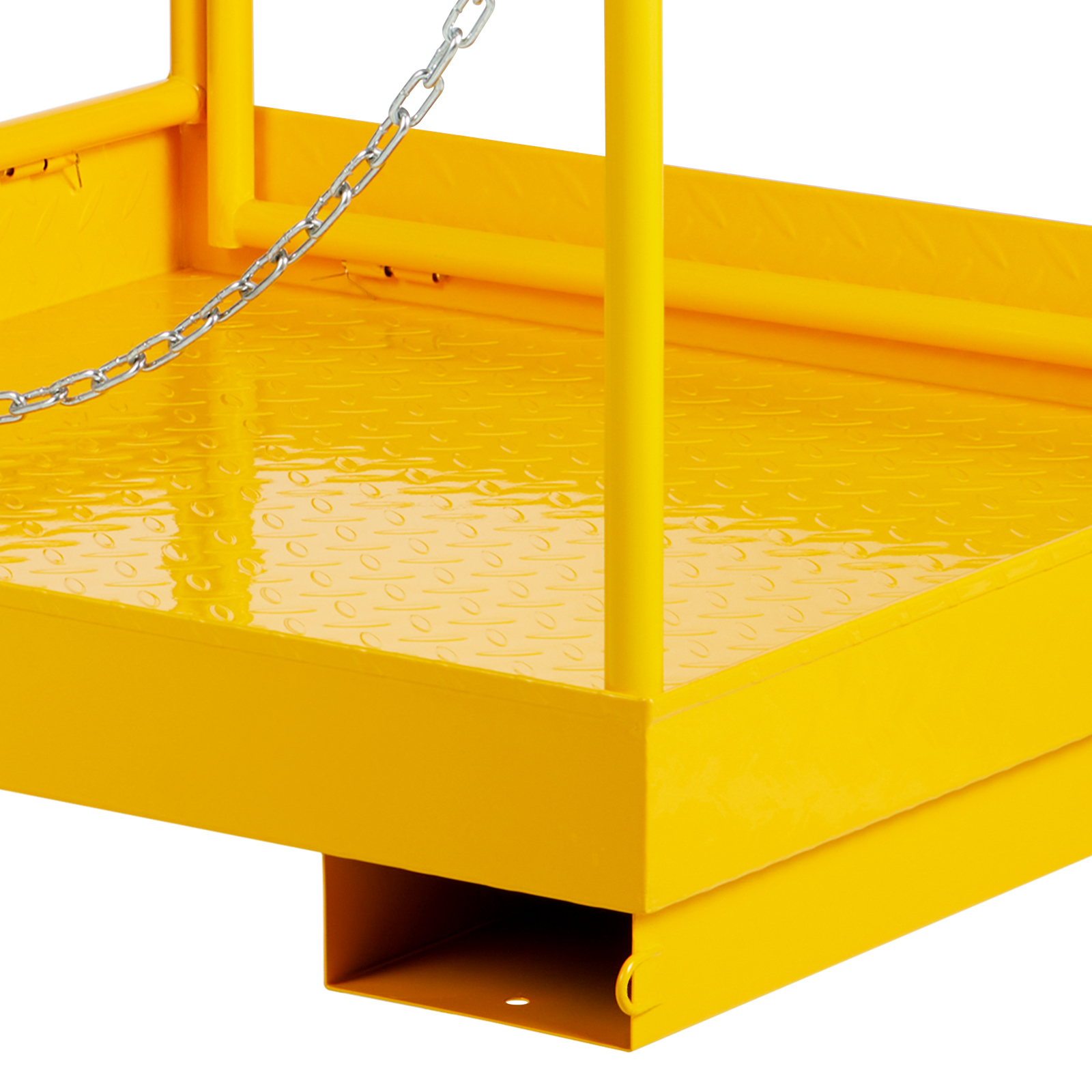 yellow VEVOR forklift safety cage with a sturdy base, metal railings, and a security chain.