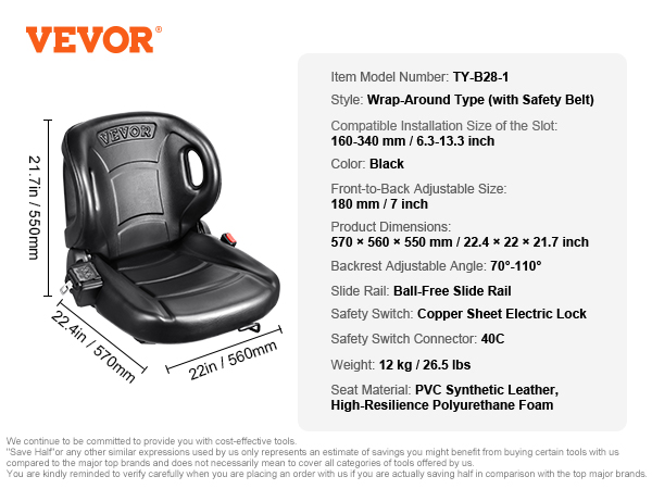 VEVOR forklift seat with black pvc leather, adjustable backrest, and safety belt, 22.4"x22"x21.7".