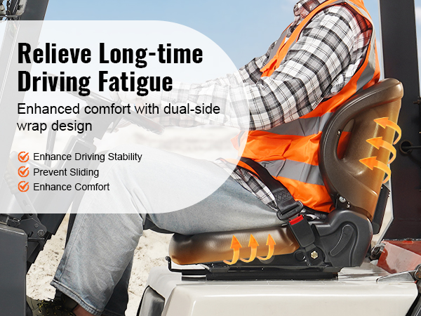 VEVOR forklift seat for enhanced comfort with dual-side wrap design and fatigue relief features.