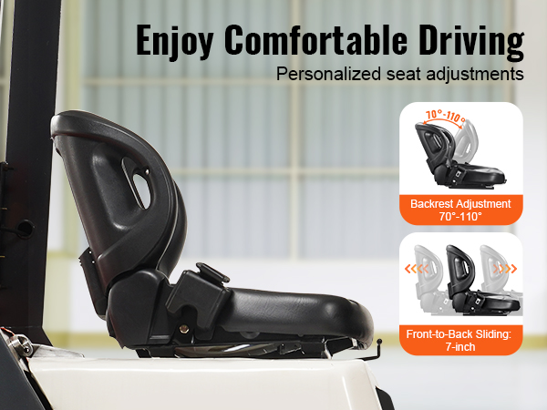 VEVOR forklift seat: adjustable backrest 70°-110°, front-to-back sliding 7-inch, enhancing driver comfort.